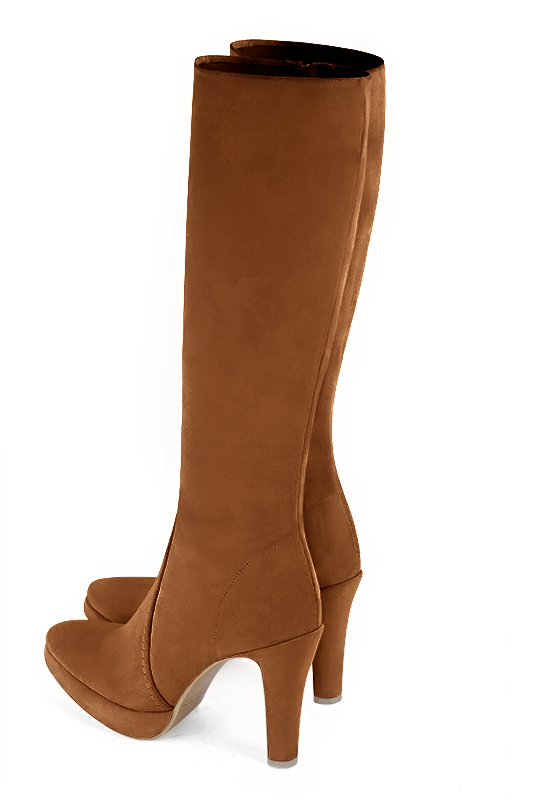 Caramel brown women's feminine knee-high boots. Round toe. Very high slim heel with a platform at the front. Made to measure. Rear view - Florence KOOIJMAN